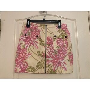 Tommy Hilfiger Floral Mini‎ Skirt Front Zip Pockets Pink Green Beige Six